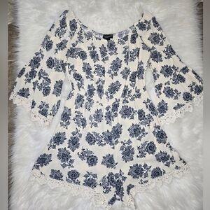 See You Monday Cream and Navy Floral Off-Shoulder Bell Sleeves Boho Romper